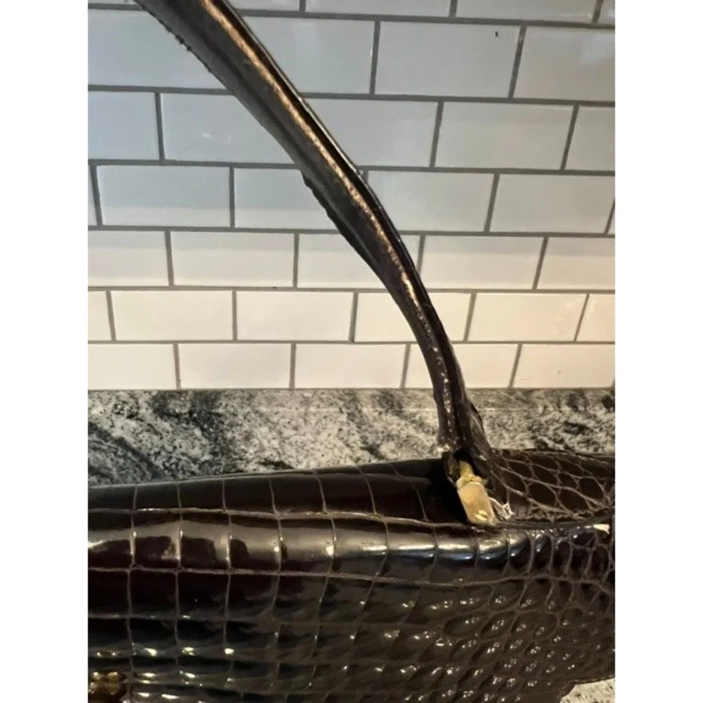 Vintage Calbert Italy Crocodile Belly Handbag Brown Cocco Bidente Turnlock FLAW